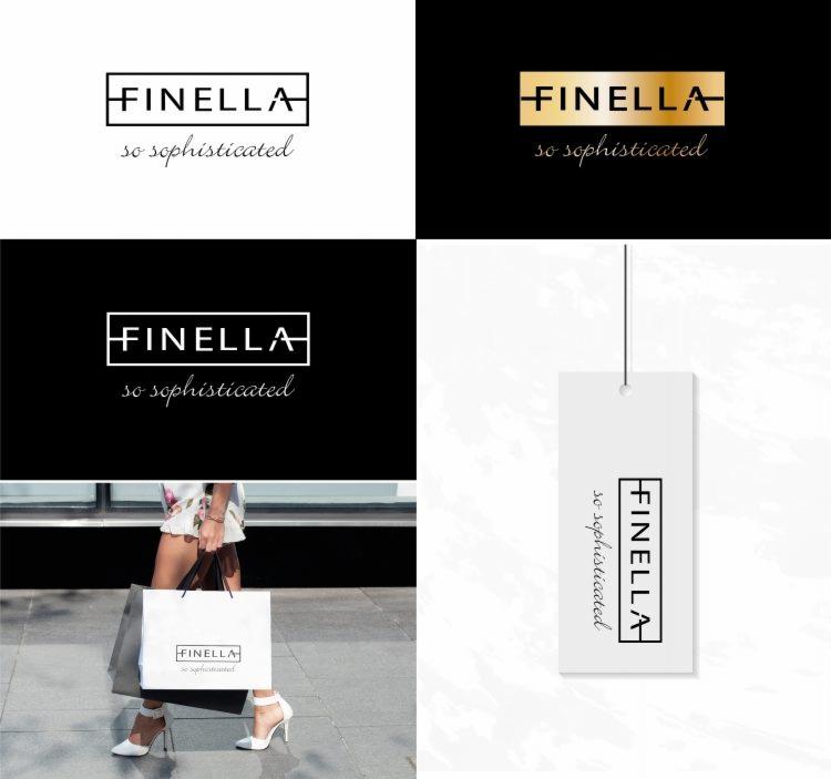 Kolaż przedstawiający logo marki odzieżowej Finella w różnych wariantach kolorystycznych i zastosowaniach: na torbie zakupowej niesionej przez kobietę oraz na metce. Logo w kwadracie nad napisem...