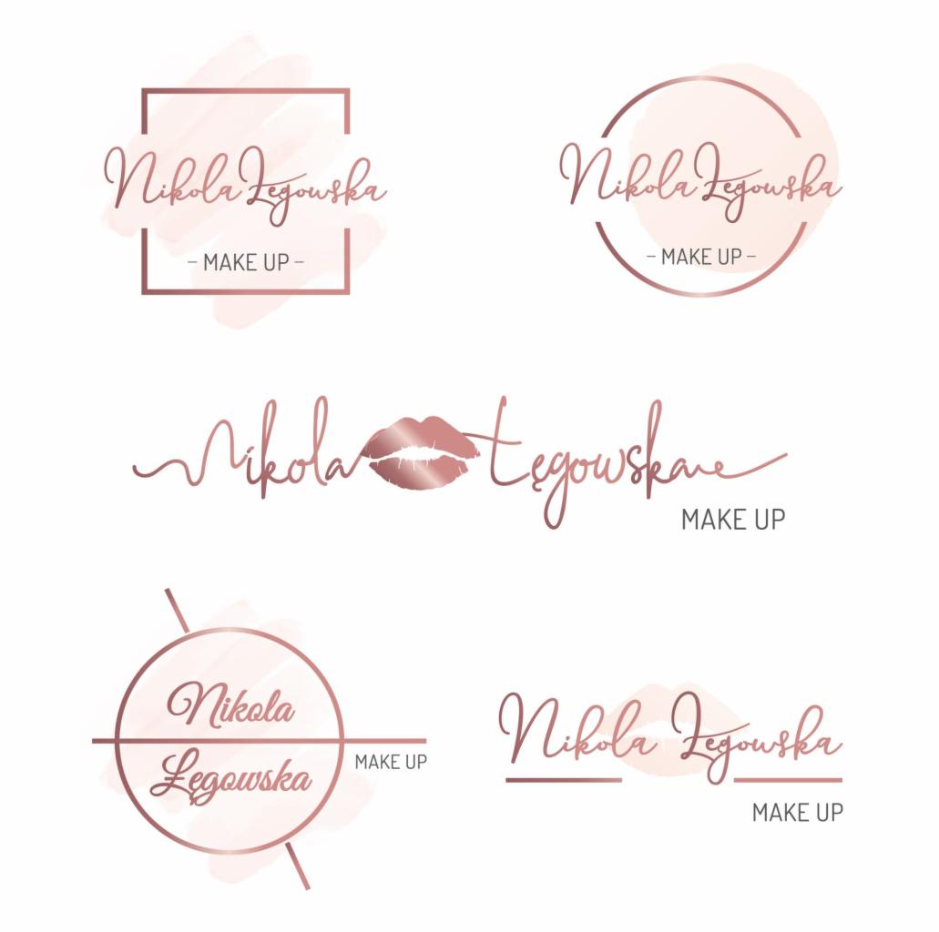 Różnorodne warianty logo dla wizażystki, z wykorzystaniem odcieni różu i motywu ust, na białym tle.