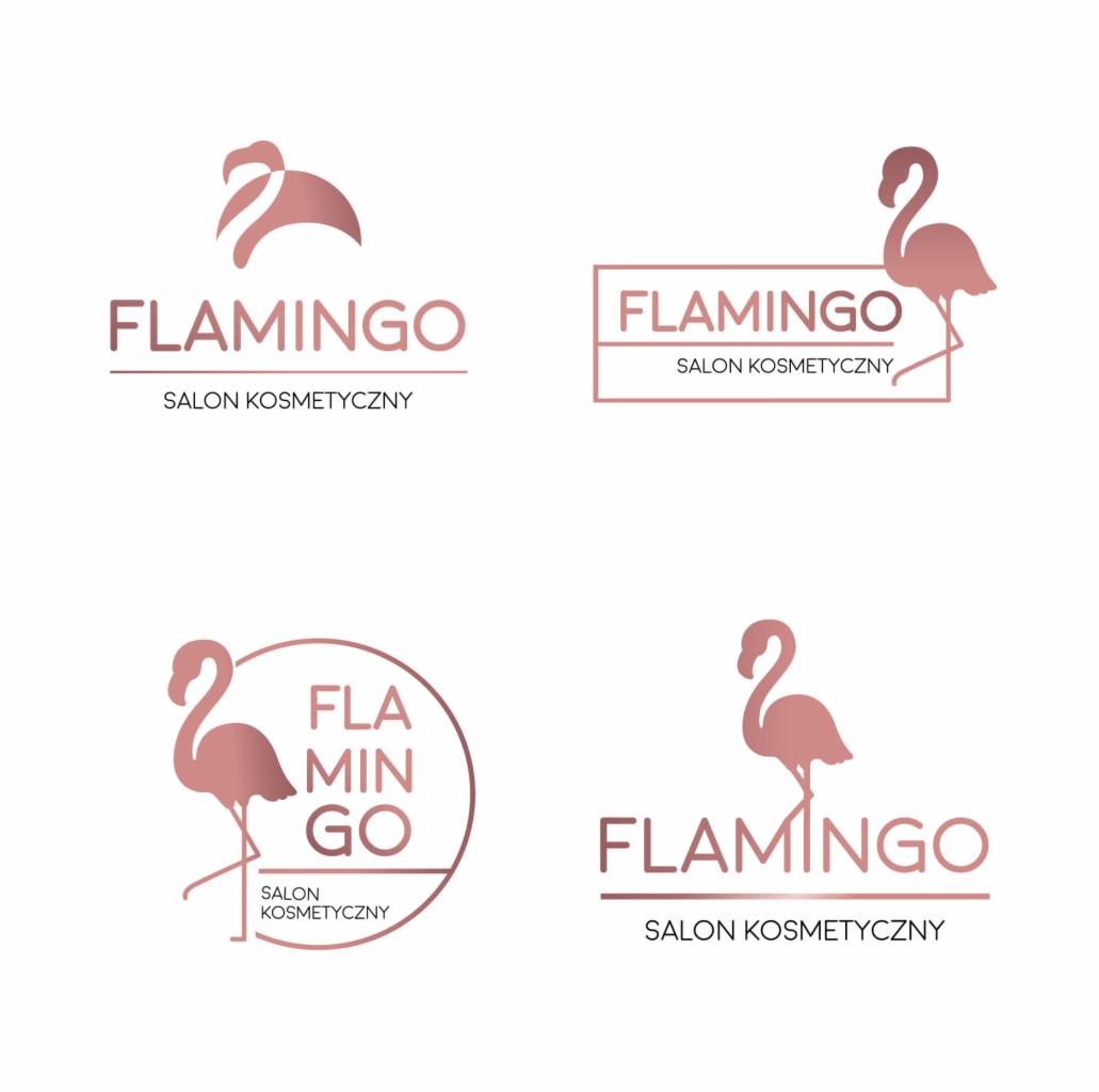 Cztery warianty logo salonu kosmetycznego 'Flamingo' w odcieniach różu, prezentujące stylizowanego flaminga w różnych kompozycjach graficznych.