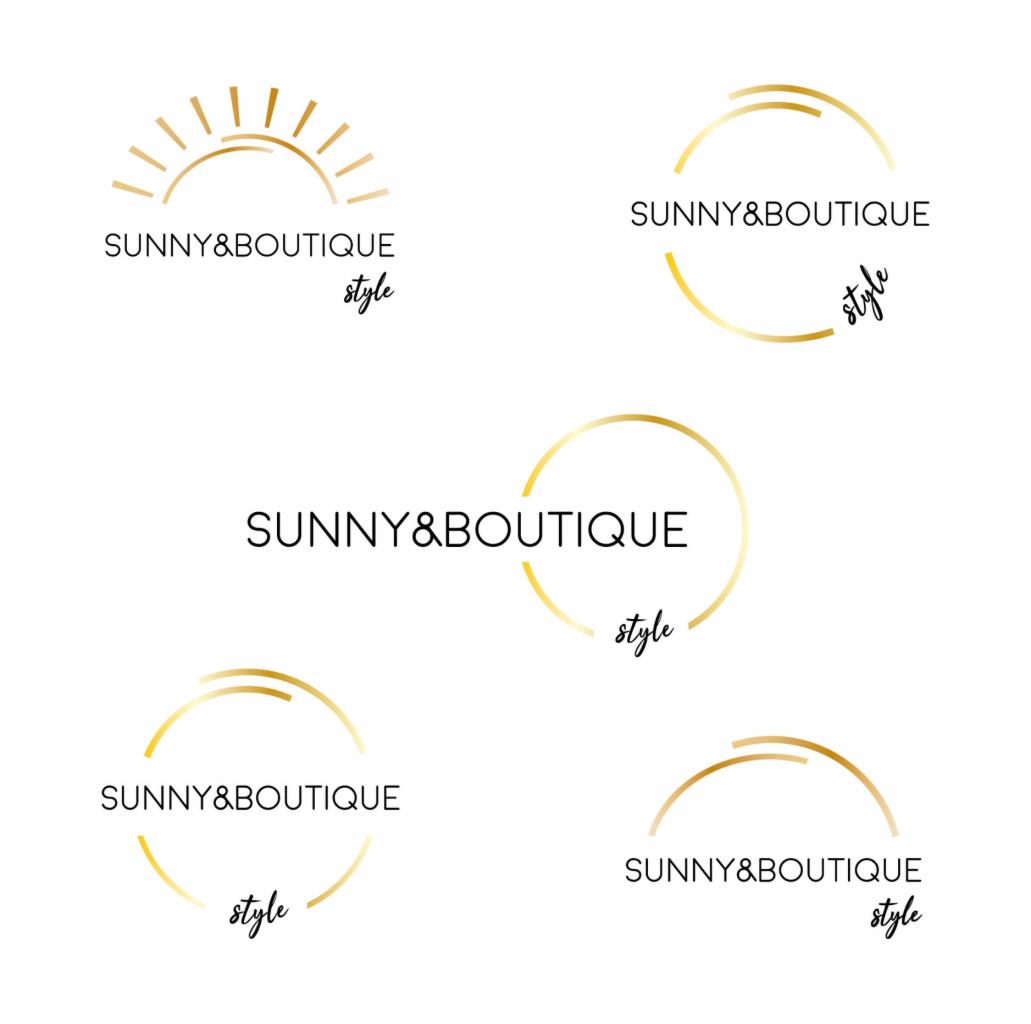 Prezentacja kilku wariantów logo dla marki Sunny&Boutique, wykorzystujących złote elementy graficzne w kształcie słońca i okręgów.