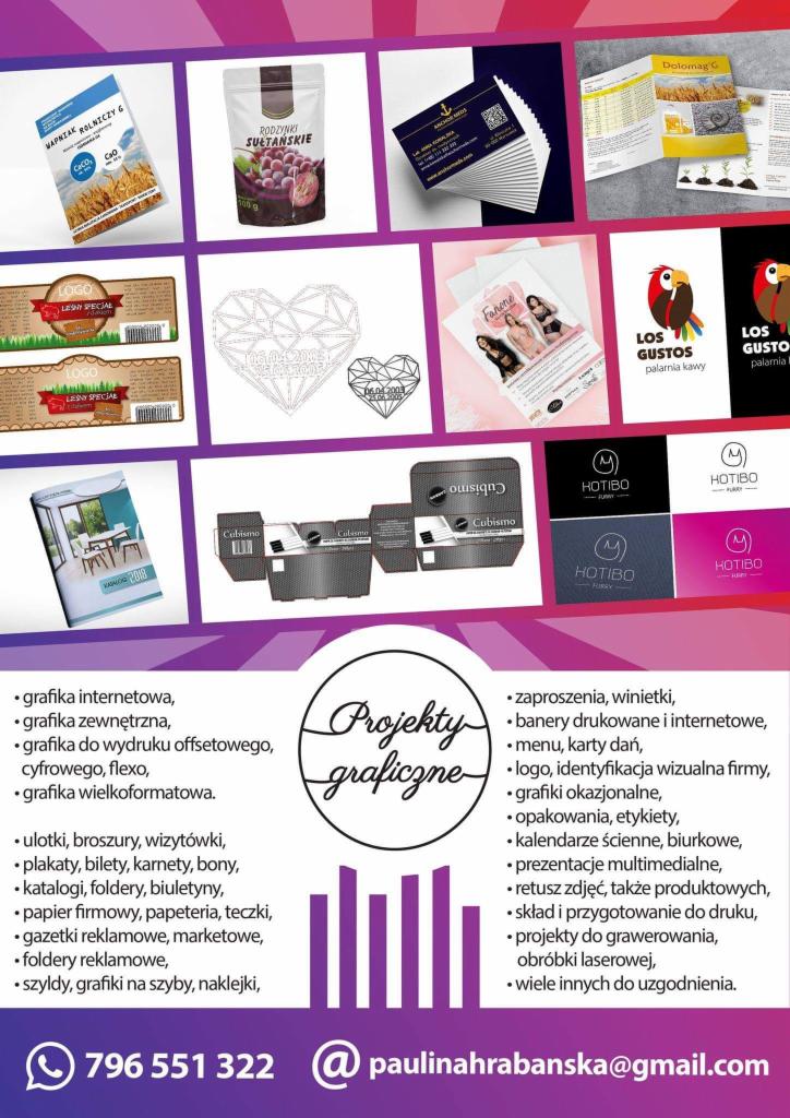 Kolaż przedstawiający różnorodne projekty graficzne: opakowania produktów, wizytówki, ulotki, logo, broszury reklamowe, grafiki na szyby, kalendarze, menu, zaproszenia, ilustracje, prezentacje...