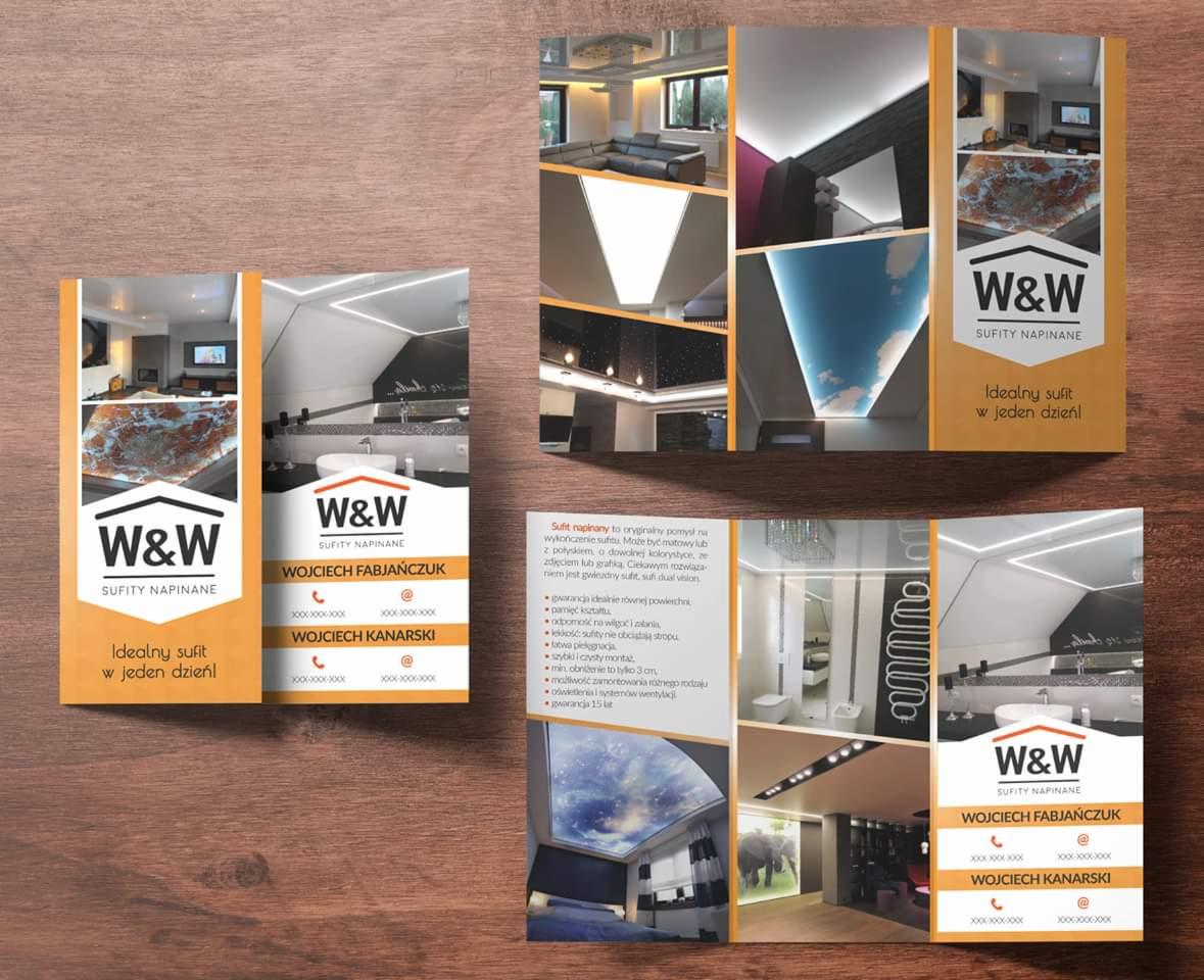 Rozłożona, trójdzielna ulotka reklamowa prezentująca zdjęcia różnorodnych aranżacji sufitów napinanych, wraz z logo firmy W&W i danymi kontaktowymi.