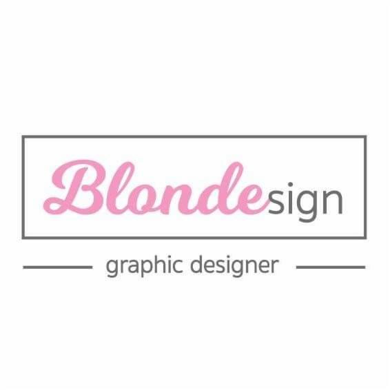 Logo firmy 'Blondesign' z różowym napisem w szarej ramce, pod spodem szary napis 'graphic designer' z poziomymi liniami po bokach.