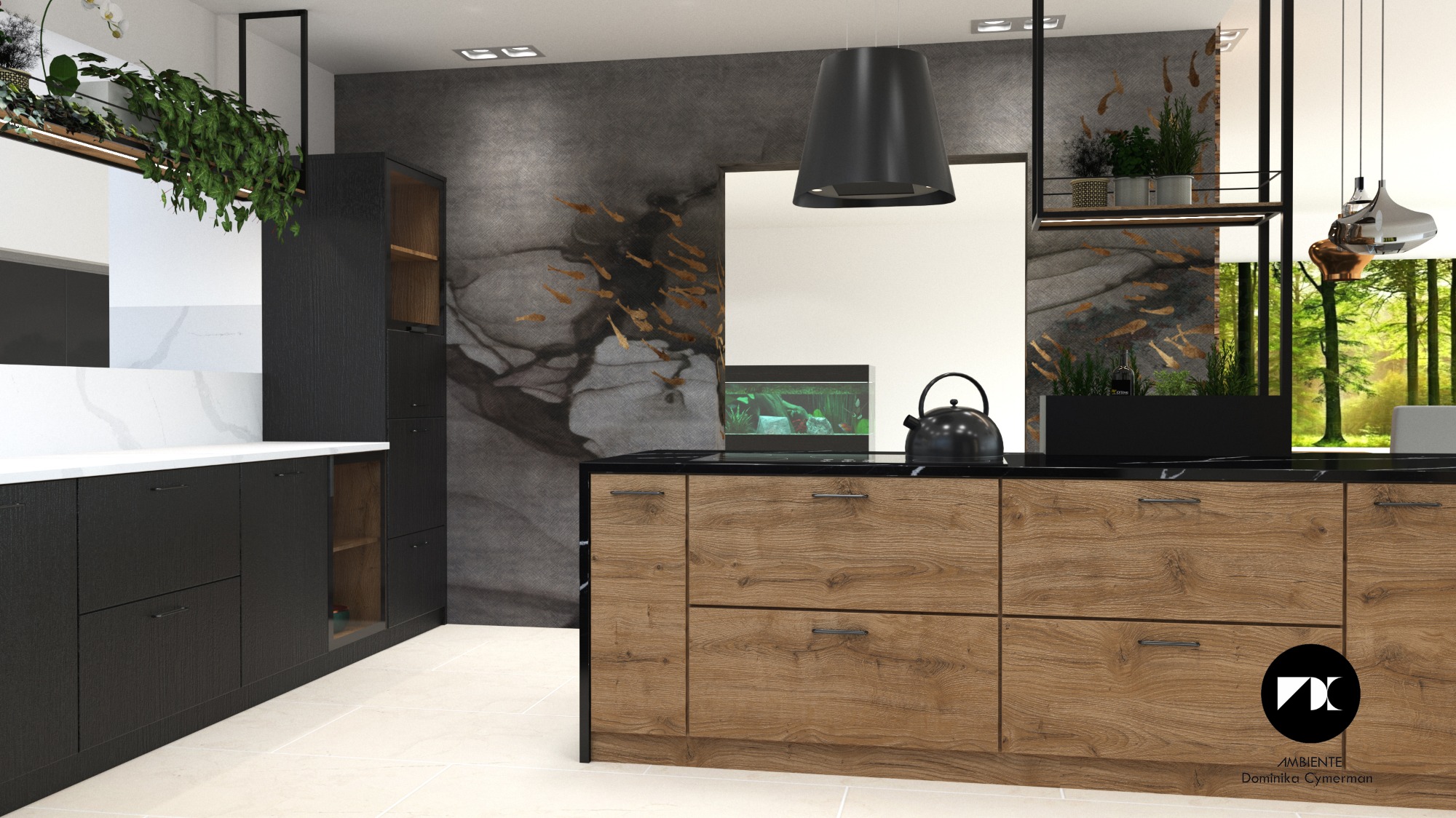 Wizualizacja nowoczesnej kuchni z drewnianymi frontami szafek, czarnym blatem i akcentem w postaci akwarium oraz dekoracyjnej tapety z motywem ryb.