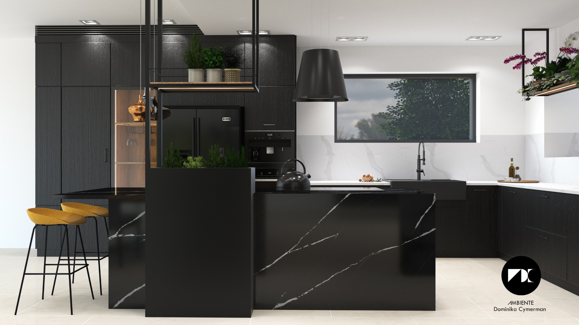 Wizualizacja nowoczesnej kuchni w czerni z marmurowym blatem, żółtymi stołkami barowymi i roślinami doniczkowymi, widok na okno z zielenią na zewnątrz, designerska lampa wisząca nad wyspą.