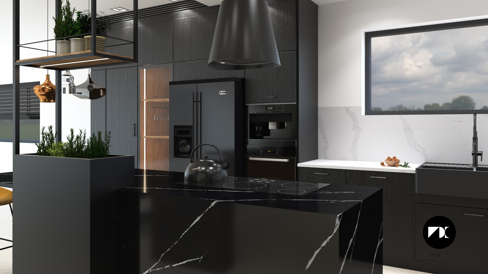 Wizualizacja nowoczesnej kuchni w odcieniach szarości i czerni z marmurowym blatem, minimalistycznym okapem i roślinami w donicach, widok z bliska na płytę indukcyjną z czajnikiem.
