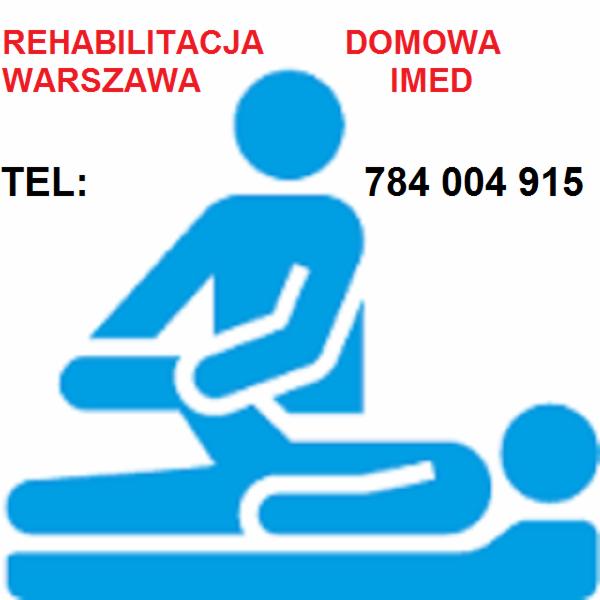 Niebieski piktogram przedstawiający rehabilitanta wykonującego masaż nogi pacjenta leżącego na leżance, z napisem 'REHABILITACJA DOMOWA WARSZAWA' i numerem telefonu.