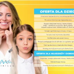 Kobieta z blond włosami pokazuje palcami na policzki, obok dziewczynka z ustami ułożonymi w dzióbek, na tle żółtej reklamy usług diagnozy i terapii zaburzeń mowy dla dzieci i młodzieży.