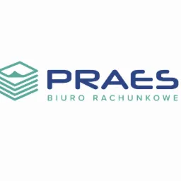 Logo firmy księgowej PRAES z abstrakcyjnym symbolem stosu dokumentów w kolorze miętowym i nazwą w kolorze granatowym.