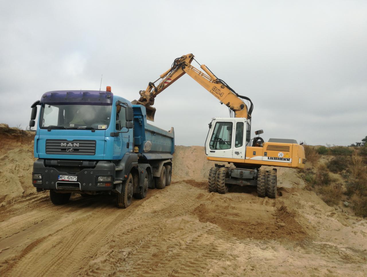 Żółto-biała koparka Liebherr 904 ładuje ziemię do niebieskiej ciężarówki MAN na piaszczystym terenie w pochmurny dzień.