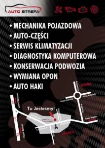 Grafika reklamowa warsztatu samochodowego Auto Strefa, z listą usług: mechanika pojazdowa, auto-części, serwis klimatyzacji, diagnostyka komputerowa, konserwacja podwozia, wymiana opon, auto haki...