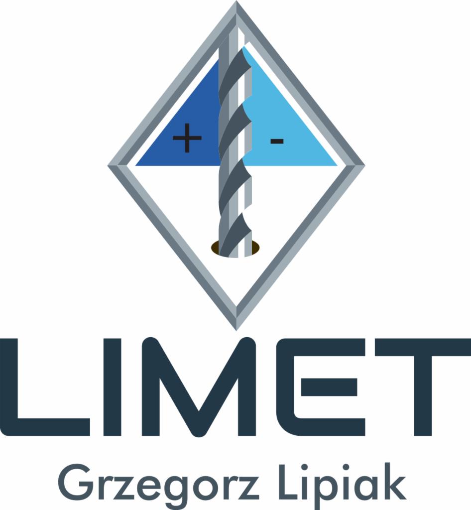 Logo firmy LIMET Grzegorz Lipiak przedstawiające wiertło w obrysie rombu z symbolami plus i minus.