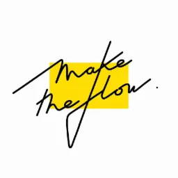Minimalistyczny napis 'Make the flow' czarną kursywą na żółtym kwadracie, białe tło.