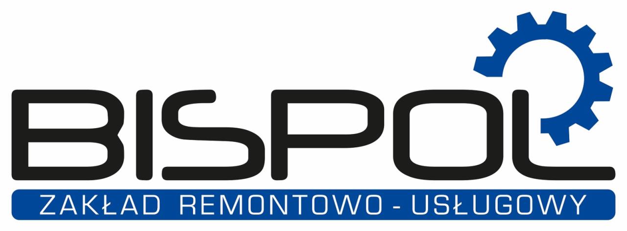 Logo firmy BISPOL Zakład Remontowo-Usługowy z niebieskim symbolem koła zębatego nad nazwą.