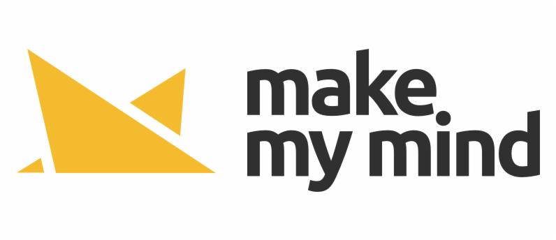 Logo firmy z abstrakcyjnym symbolem origami w kolorze złotym i nazwą 'make my mind' zapisaną czarną czcionką.