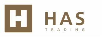 Logo firmy HAS Trading: kwadrat z literą H i nazwa firmy w kolorze brązowym na białym tle. Minimalistyczny design.