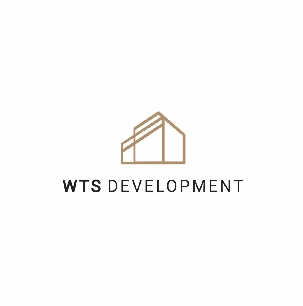 Minimalistyczne logo firmy WTS Development przedstawiające uproszczony, liniowy rysunek domu z dodatkową bryłą z boku, wykonane w kolorze beżowym na białym tle.