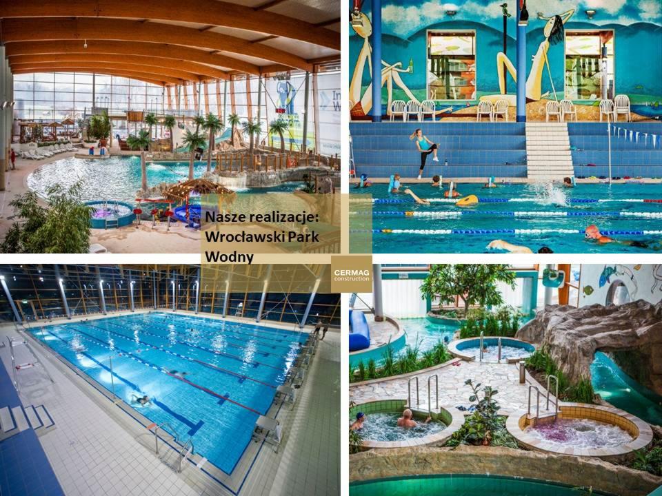 Kompozycja zdjęć przedstawiająca różne ujęcia Wrocławskiego Parku Wodnego: basen rekreacyjny z palmami, basen sportowy z torami, basen z malowidłami ściennymi oraz strefa jacuzzi z elementami...