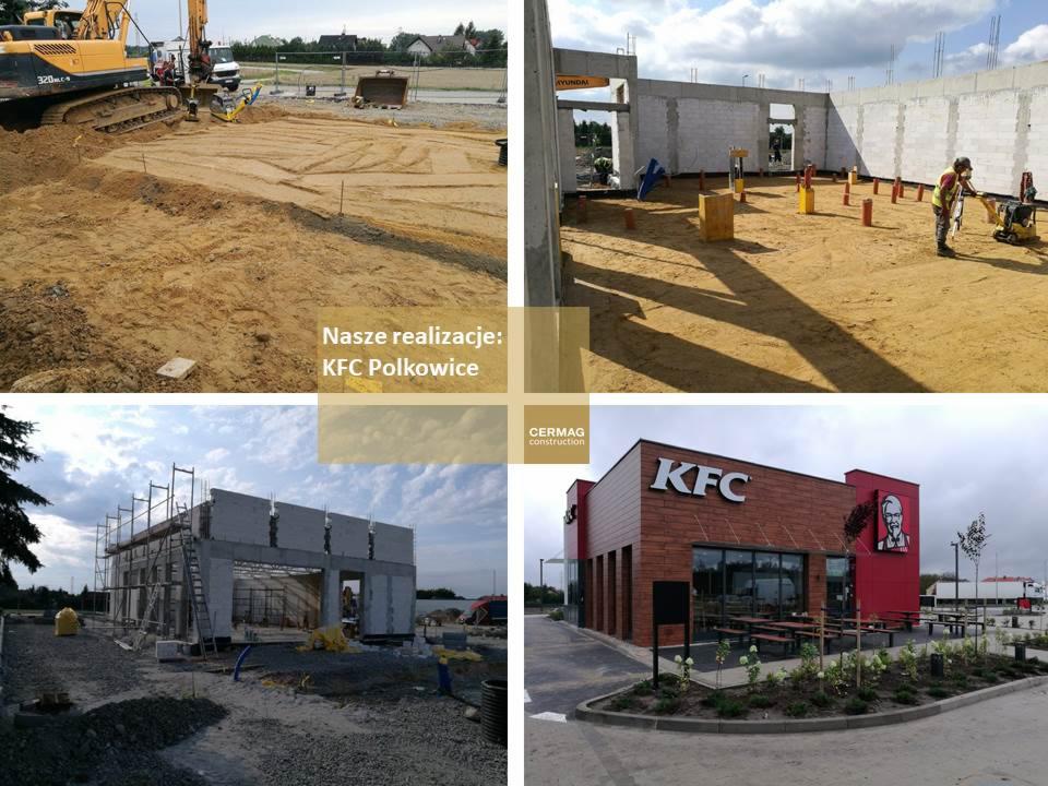 Czteropanelowe zdjęcie budowy restauracji KFC w różnych etapach: przygotowanie terenu z koparką, wznoszenie ścian z betonu komórkowego, montaż konstrukcji stalowej, gotowy budynek z logo KFC.
