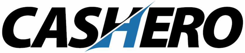 Logo firmy CASHERO z napisem w kolorze czarnym, przeciętym dynamiczną, błękitną linią tworzącą literę A.