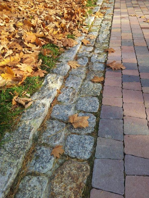 Jesienne liście opadłe na granitową obwódkę i kostkę brukową w odcieniach szarości i czerwieni, widok z góry.