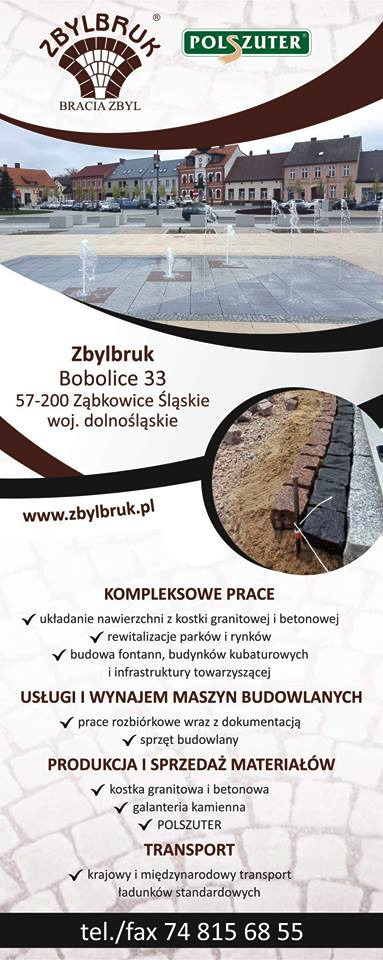 Reklama firmy brukarskiej prezentująca rynek z fontanną wyłożony kostką oraz zbliżenie na proces układania kostki brukowej z użyciem sznurka i poziomicy.