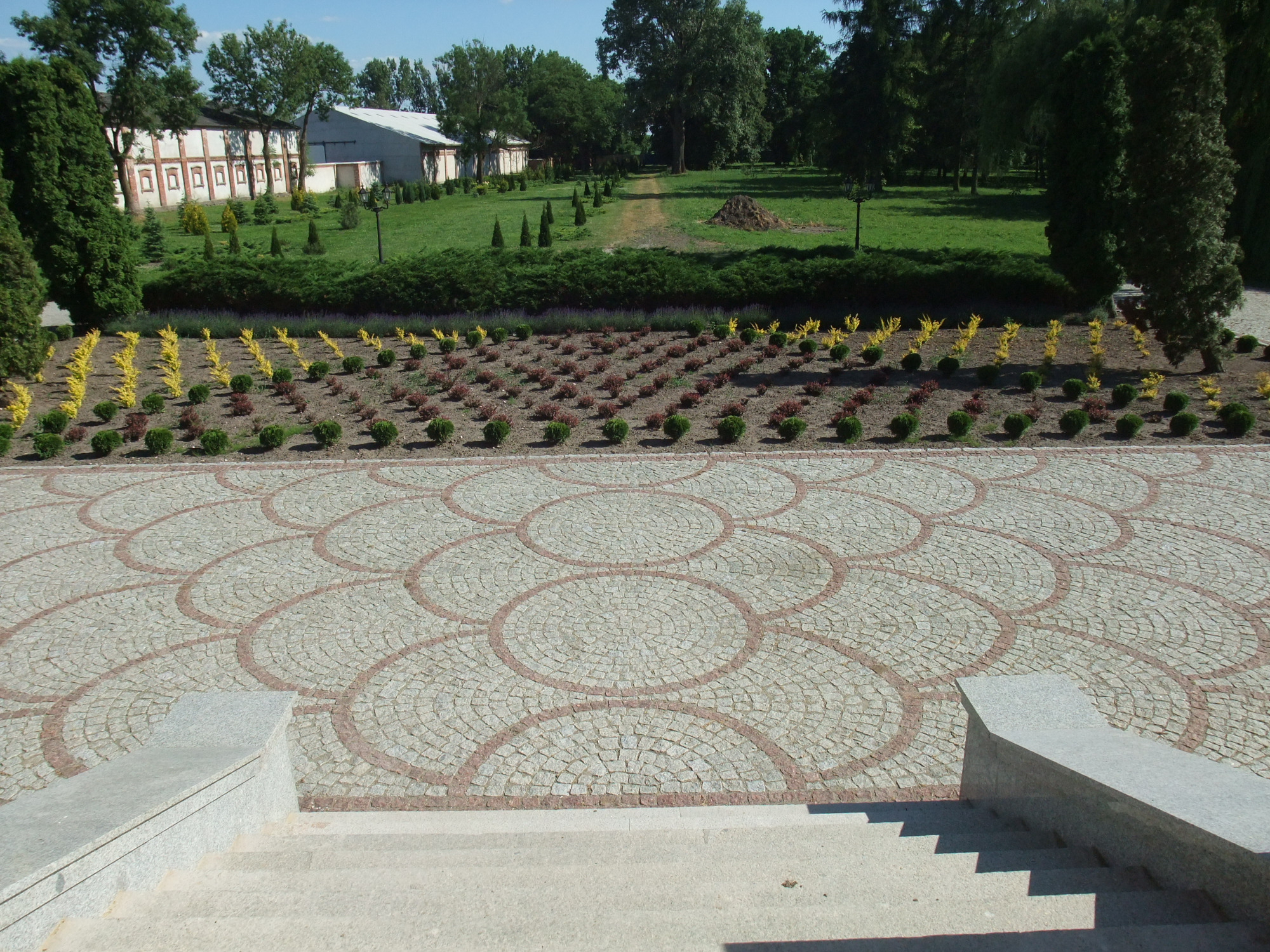 Ogród z ozdobną nawierzchnią z kostki brukowej ułożonej w okręgi, widok z góry ze schodów, w tle rabata z roślinami i budynki.