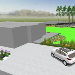 Wizualizacja zagospodarowania terenu wokół nowoczesnego domu z placem zabaw, rabatami z kwitnącymi bylinami i podjazdem z białym samochodem.