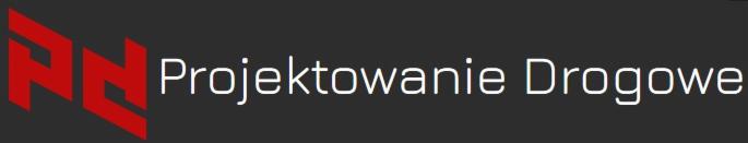 Logo firmy zajmującej się projektowaniem dróg z czerwonym, geometrycznym symbolem i białym napisem 'Projektowanie Drogowe' na ciemnoszarym tle.