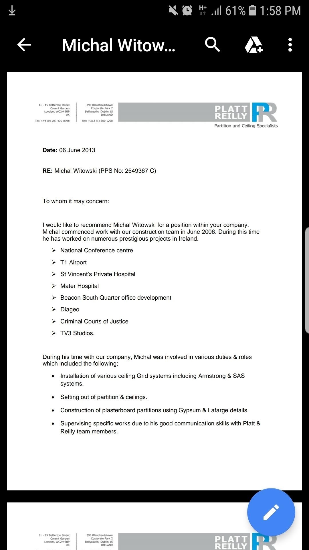 Skan listu referencyjnego od firmy Platt Reilly, specjalizującej się w systemach ścianek działowych i sufitów, datowany na 6 czerwca 2013 roku, rekomendujący Michała Witowskiego,...