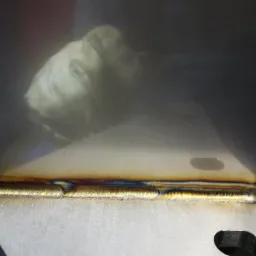 Szczegół spoiny na metalowej konstrukcji, widoczne charakterystyczne przebarwienia termiczne po spawaniu, z bliska uchwycony równy ścieg spawalniczy.