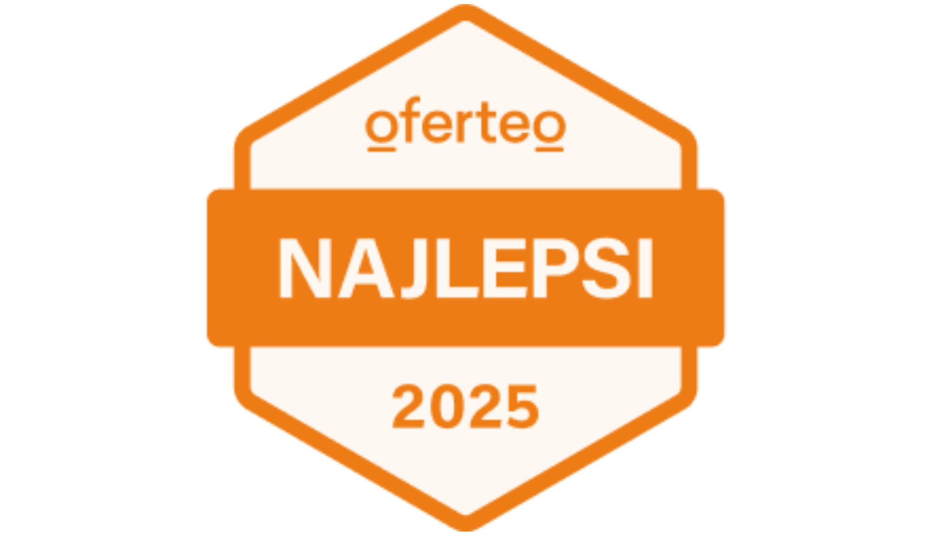 Pomarańczowa odznaka Oferteo 'Najlepsi 2025' na białym tle. Grafika wyróżnia laureatów za wysoką jakość usług.