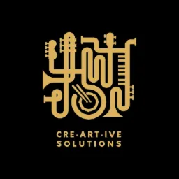 Abstrakcyjne logo przedstawiające instrumenty muzyczne w kolorze złotym na czarnym tle, z napisem 'CRE.ART.IVE SOLUTIONS' poniżej.