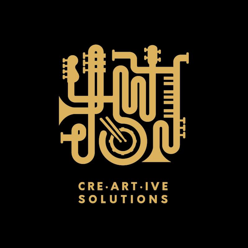 Abstrakcyjne logo przedstawiające instrumenty muzyczne w kolorze złotym na czarnym tle, z napisem 'CRE.ART.IVE SOLUTIONS' poniżej.