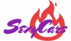 Logo firmy z napisem 'Sexy Cars' w kolorze fioletowym, umieszczonym wewnątrz czerwonej obwódki przypominającej płomień.