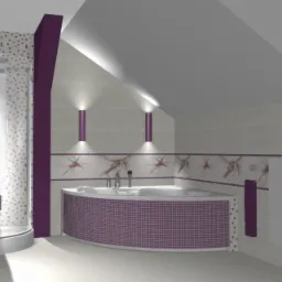 Wizualizacja łazienki na poddaszu z narożną wanną obudowaną mozaiką w odcieniach fioletu, kabiną prysznicową typu walk-in oraz umywalką z szafką, całość utrzymana w jasnej kolorystyce z fioletowymi...