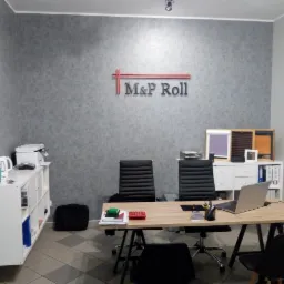 Biuro firmy M&P Roll z ekspozycją próbek rolet na regale, laptop na biurku i szarym tłem ściany z logo firmy.