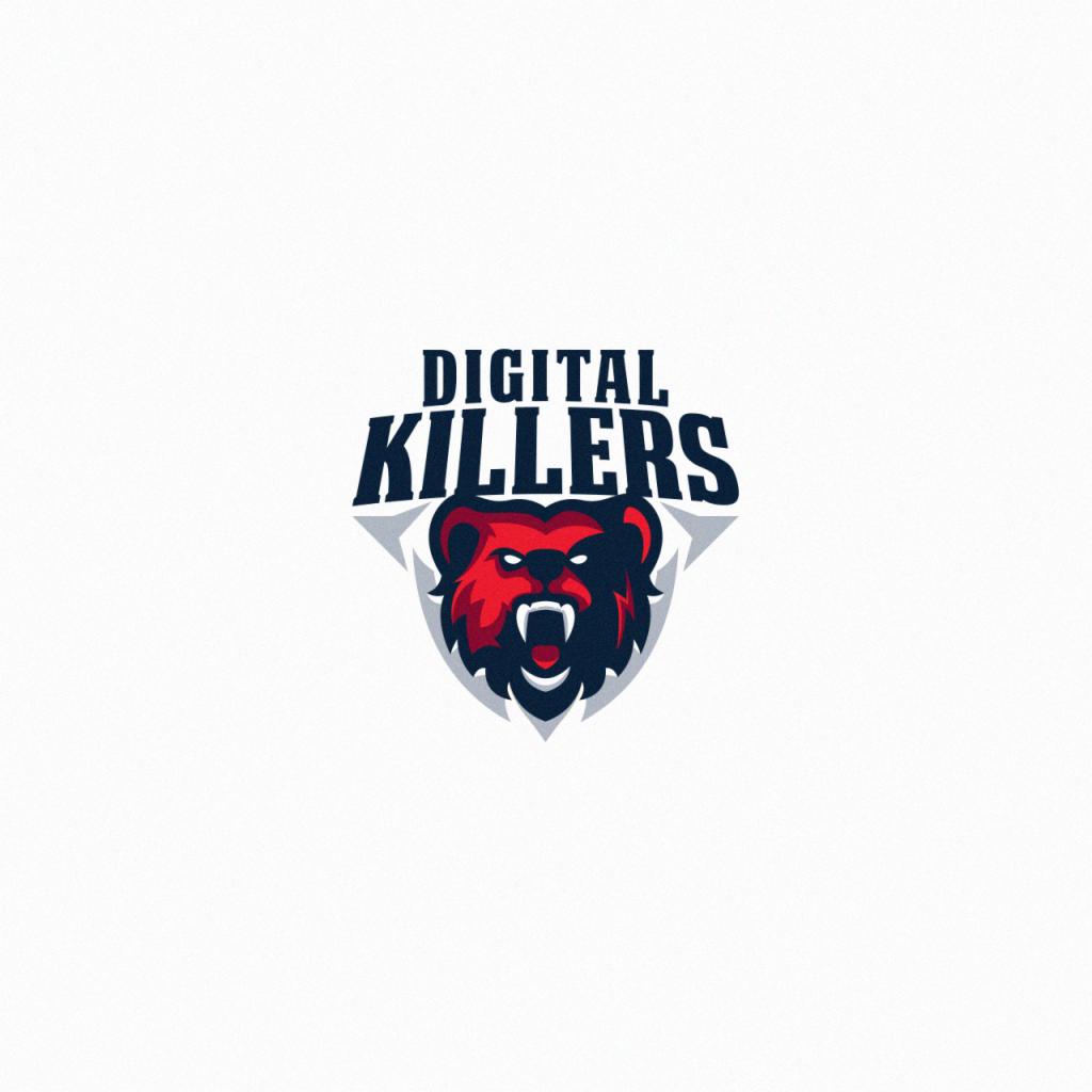 Logo firmy Digital Killers: czerwona głowa niedźwiedzia w tarczy, otwarty pysk z widocznymi kłami, nazwa firmy w kolorze granatowym nad tarczą.