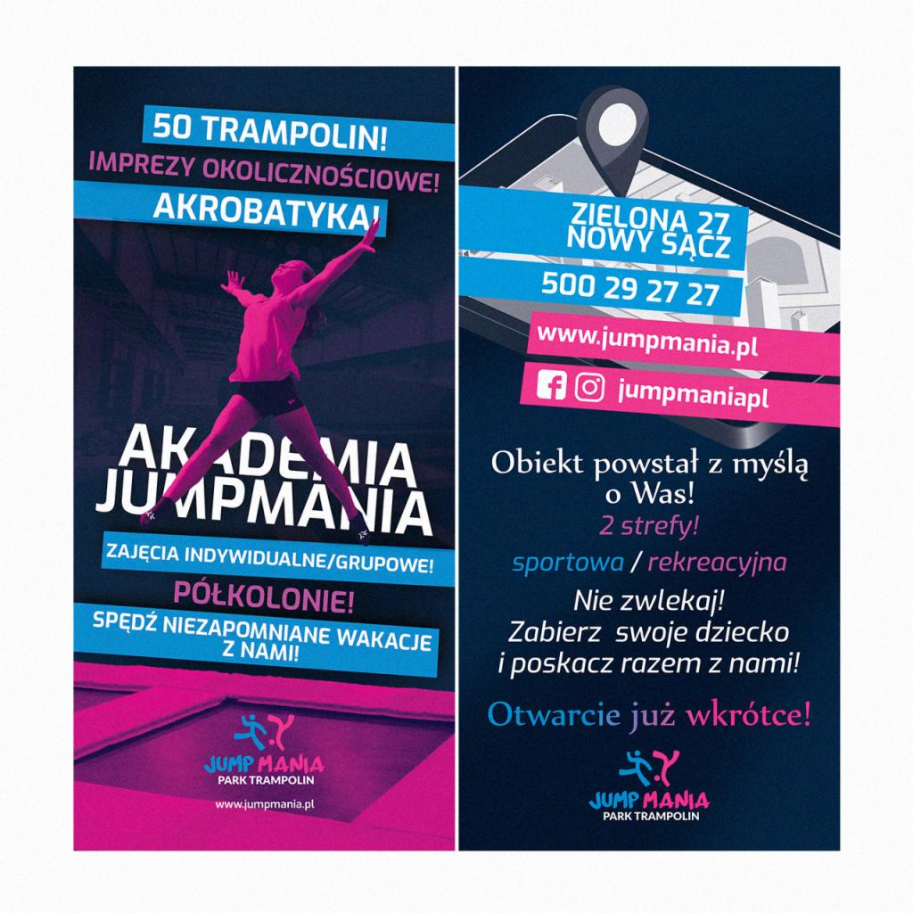 Plakat reklamowy Jump Mania Park Trampolin, prezentujący ofertę zajęć akrobatycznych i półkolonii, z informacjami kontaktowymi i adresem w Nowym Sączu.