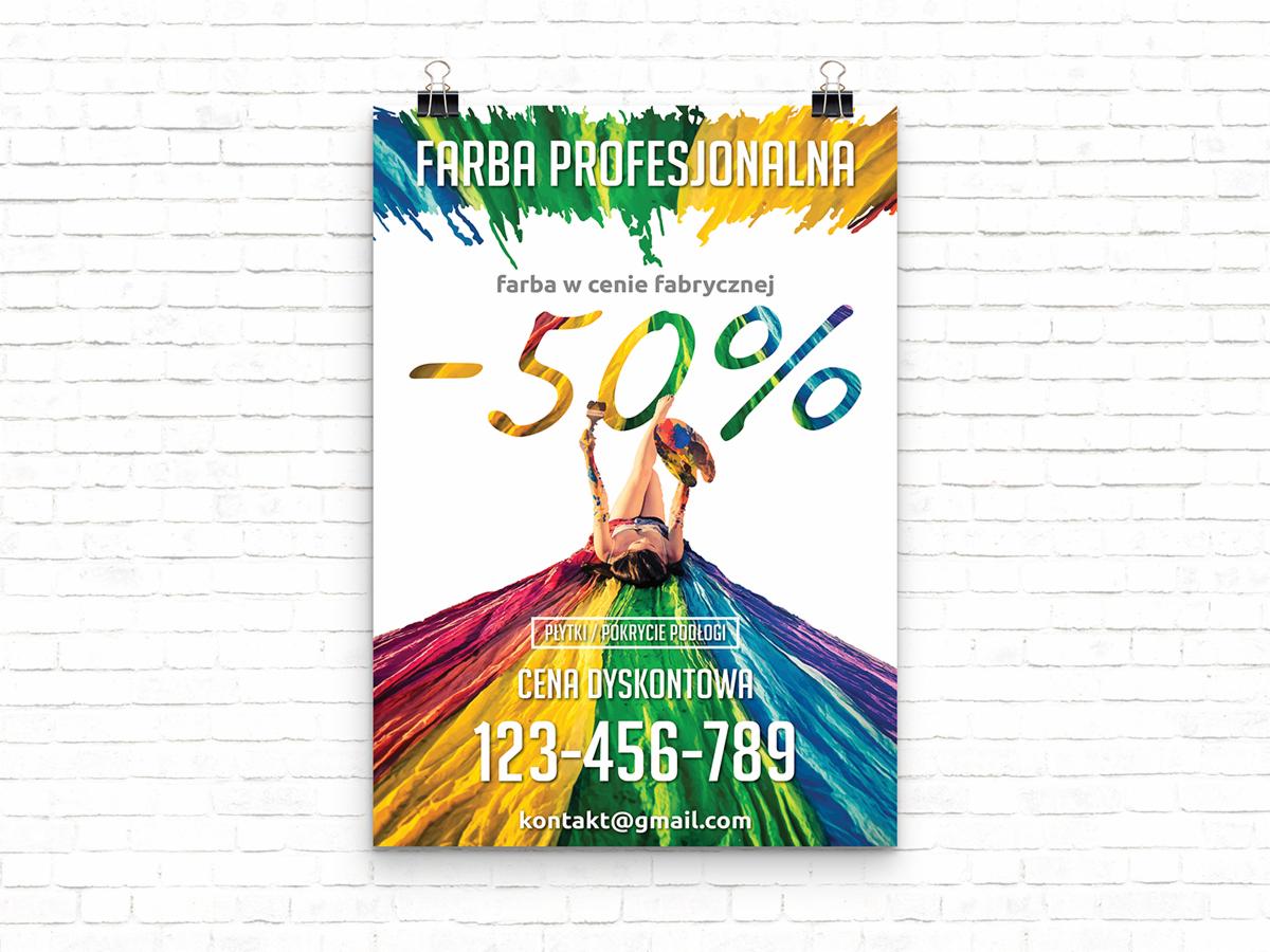 Plakat reklamowy farby profesjonalnej z rabatem -50%, wiszący na białej ceglanej ścianie, z informacjami kontaktowymi i hasłem 'Płytki/Pokrycie Podłogi'.