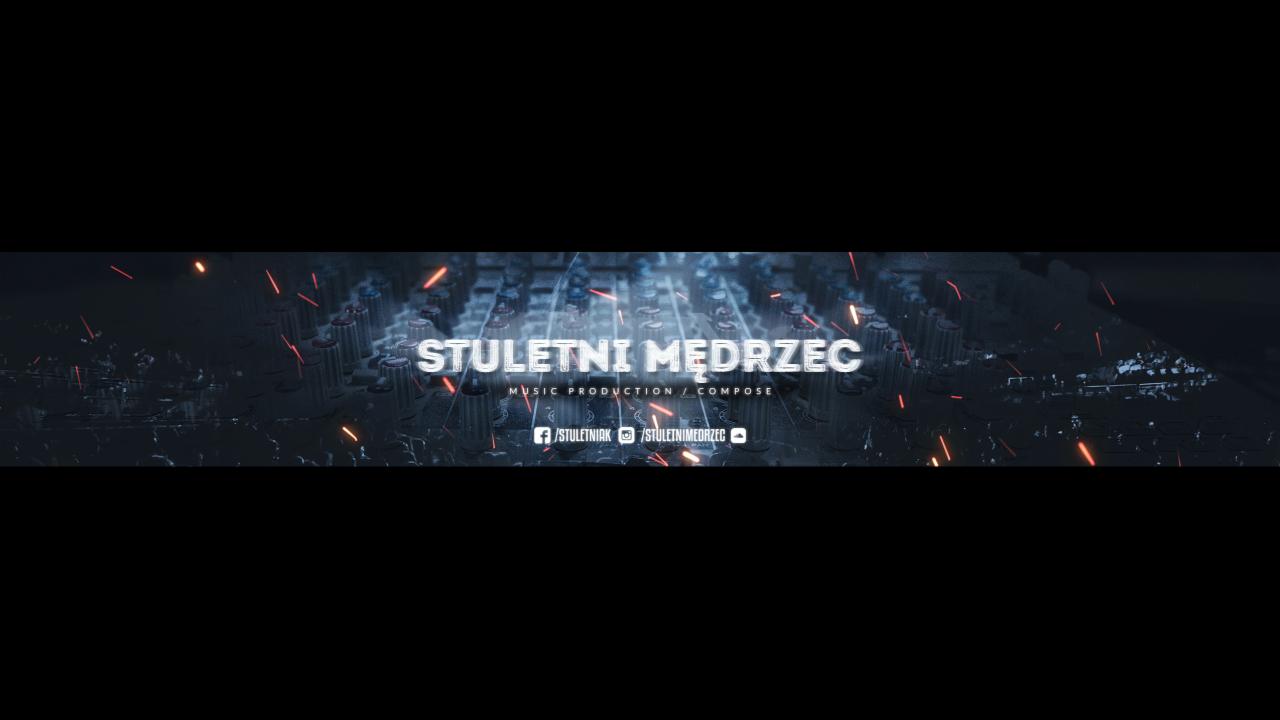 Banner z nazwą studia muzycznego 'Stuletni Mędrzec' na tle stylizowanego miksera z efektami iskier.