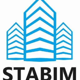 Logo firmy STABIM przedstawiające trzy stylizowane, niebieskie budynki o ząbkowanych krawędziach, umieszczone nad nazwą firmy napisaną czarną czcionką.