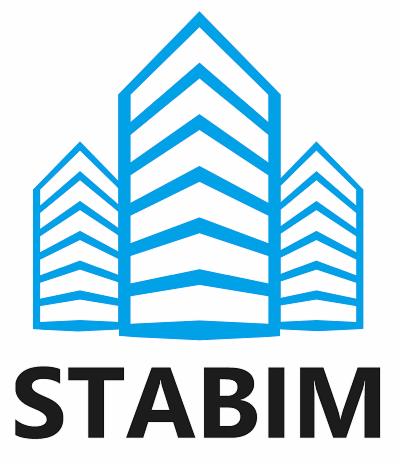 Logo firmy STABIM przedstawiające trzy stylizowane, niebieskie budynki o ząbkowanych krawędziach, umieszczone nad nazwą firmy napisaną czarną czcionką.