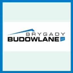 Logo firmy budowlanej 'Brygady Budowlane.pl' na białym tle z niebieskimi akcentami.