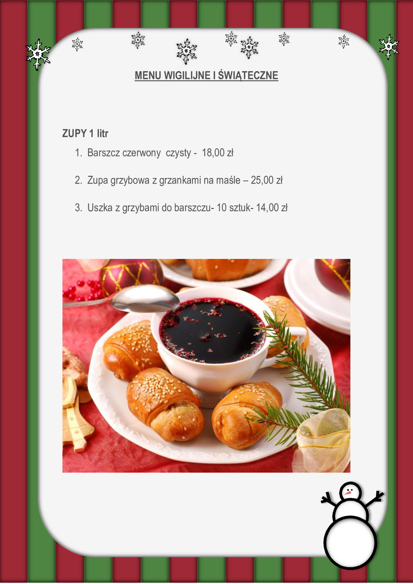 Wigilijne menu z cenami, prezentujące barszcz czerwony w białej filiżance, otoczony bułeczkami z sezamem, gałązką świerku i dekoracją świąteczną na czerwonym obrusie.