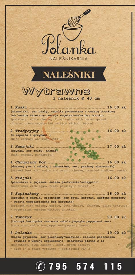 Menu naleśnikarni z ofertą naleśników wytrawnych, zawierające opisy składników i ceny.