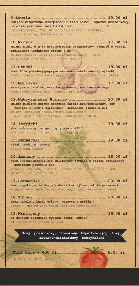 Menu restauracji z listą dań, w tym Drwala z szarpaną wieprzowiną, Włoski z mięsem mielonym a'la bolognese i Grecki z serem feta, a także zupa dnia z pomidorem w akwarelowym stylu.