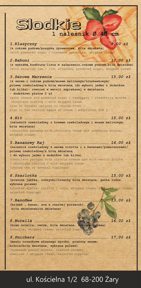 Menu naleśnikarni z ofertą naleśników o średnicy 40 cm: Klasyczny, Babuni, Serowe Marzenie, Hit, Bananowy Raj, Szarlotka, Banoffee, Nutella, Snickers, z wyszczególnionymi składnikami i cenami.
