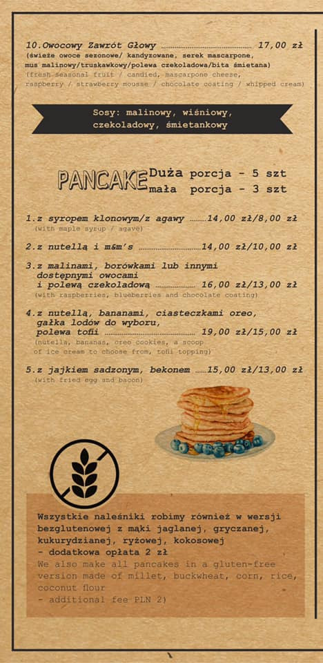 Karta menu z ilustracją naleśników polanych syropem i udekorowanych borówkami, z informacją o dostępności wersji bezglutenowej.