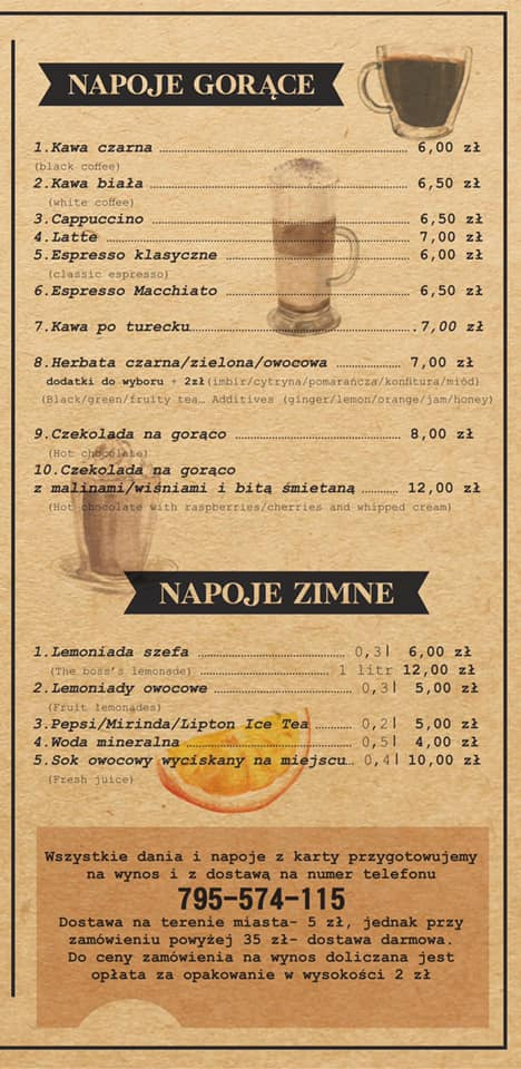 Menu kawiarni w stylu retro, prezentujące ofertę napojów gorących i zimnych z cenami, w tym latte w wysokiej szklance, herbata z dodatkami i lemoniada szefa.